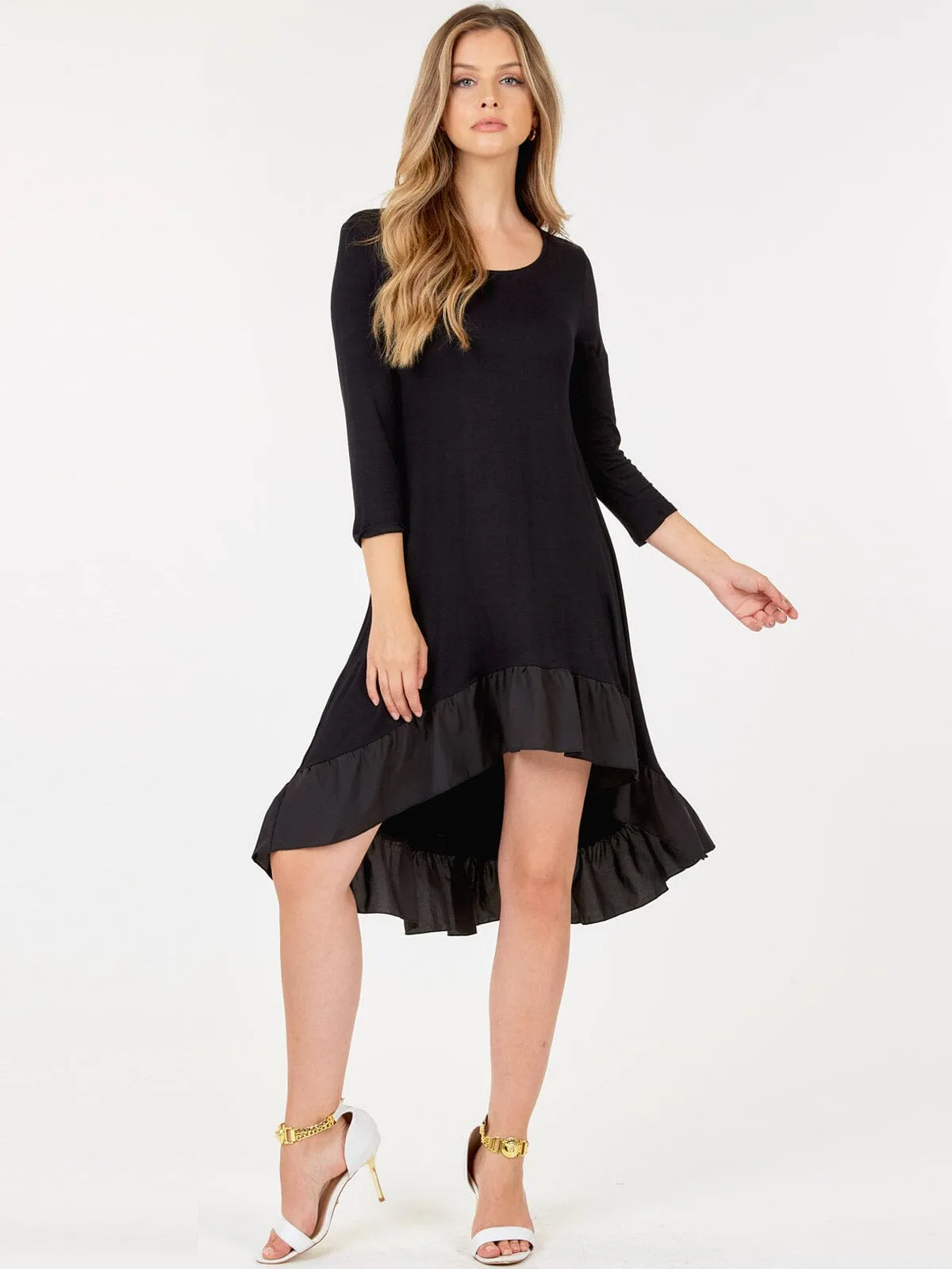 WOMEN'S 3/4 SLEEVE TUNIC RUFFLE BOTTOM HEM HIGH LOW MIDI DRESS