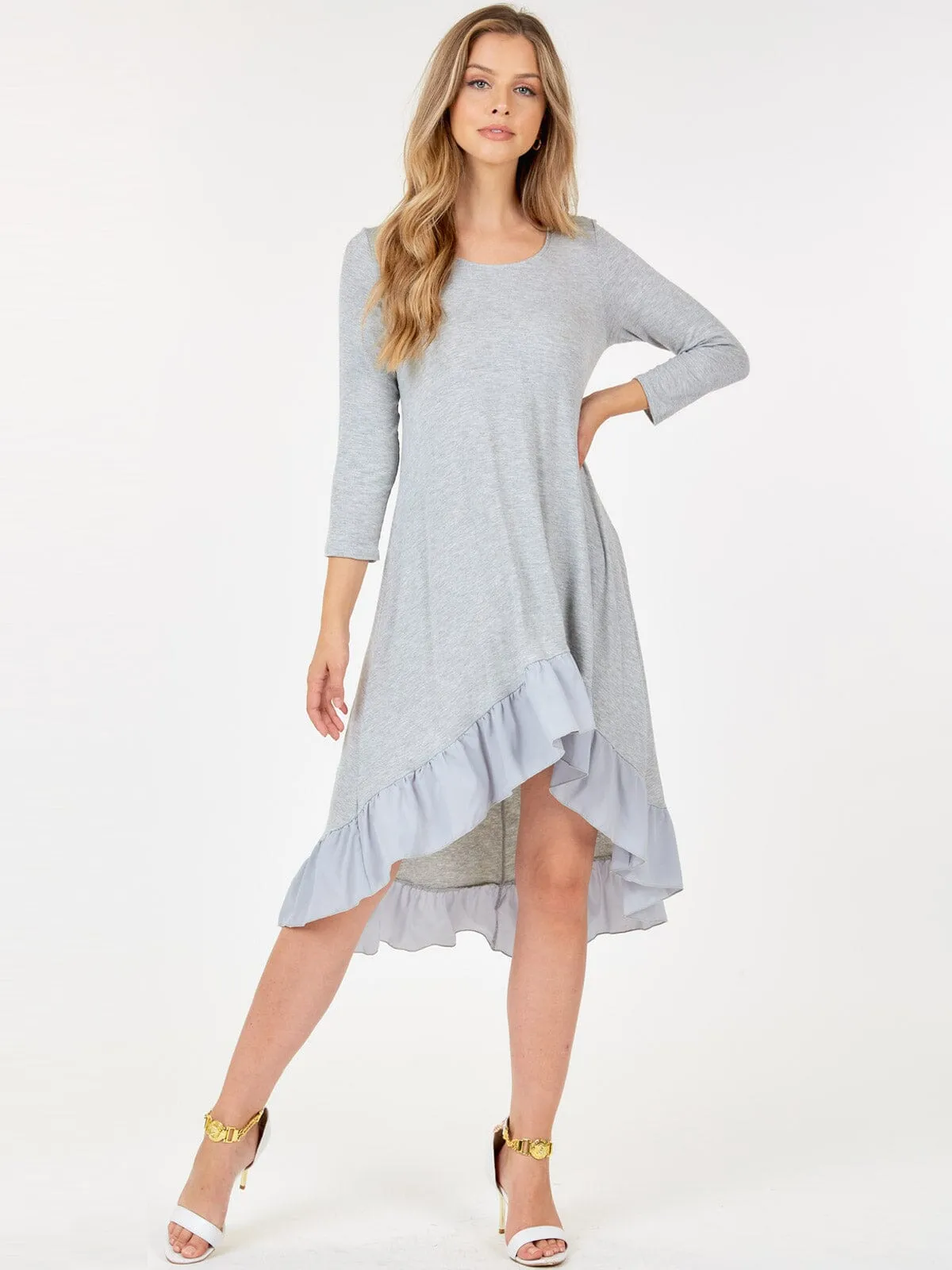 WOMEN'S 3/4 SLEEVE TUNIC RUFFLE BOTTOM HEM HIGH LOW MIDI DRESS