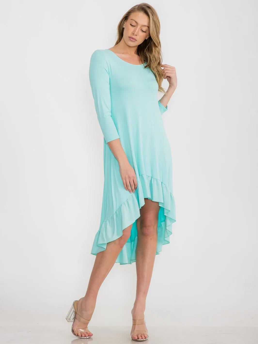 WOMEN'S 3/4 SLEEVE TUNIC RUFFLE BOTTOM HEM HIGH LOW MIDI DRESS