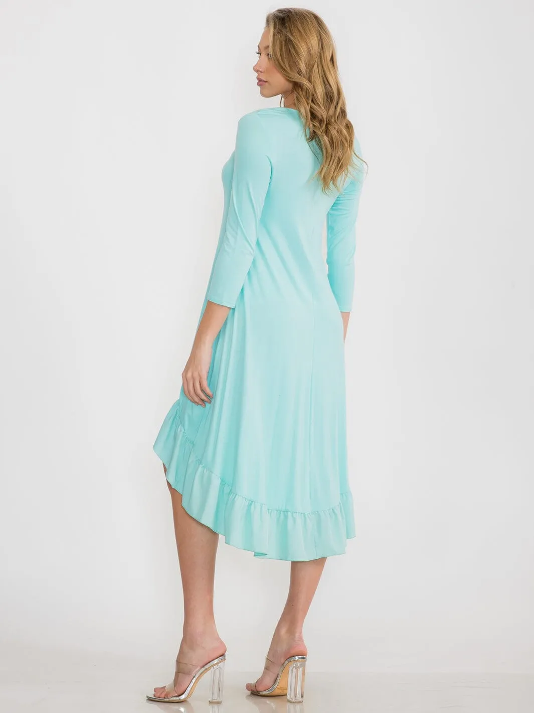 WOMEN'S 3/4 SLEEVE TUNIC RUFFLE BOTTOM HEM HIGH LOW MIDI DRESS