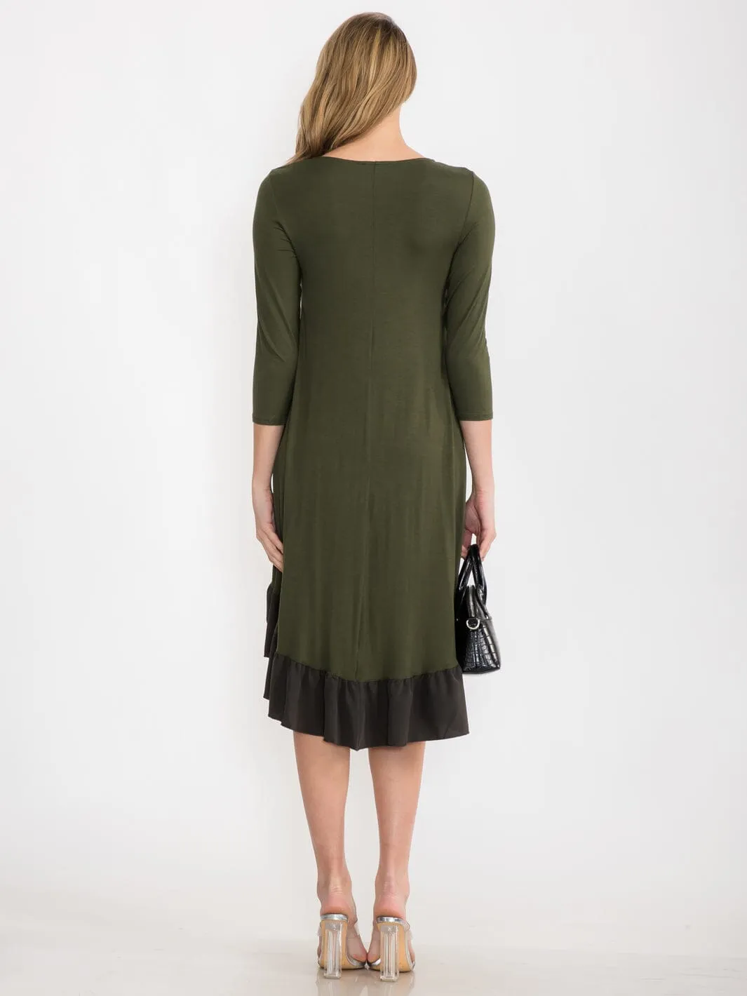 WOMEN'S 3/4 SLEEVE TUNIC RUFFLE BOTTOM HEM HIGH LOW MIDI DRESS