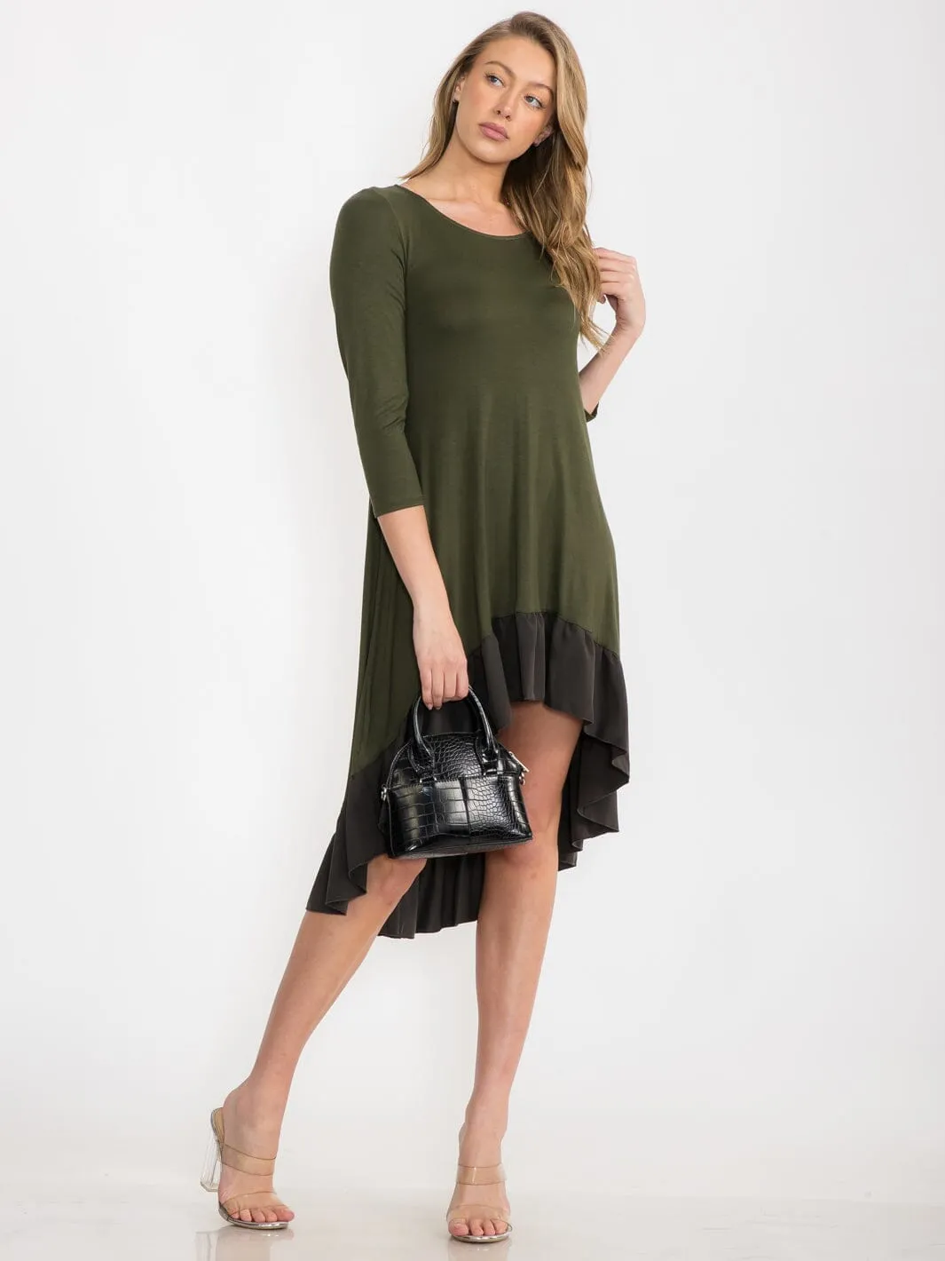 WOMEN'S 3/4 SLEEVE TUNIC RUFFLE BOTTOM HEM HIGH LOW MIDI DRESS