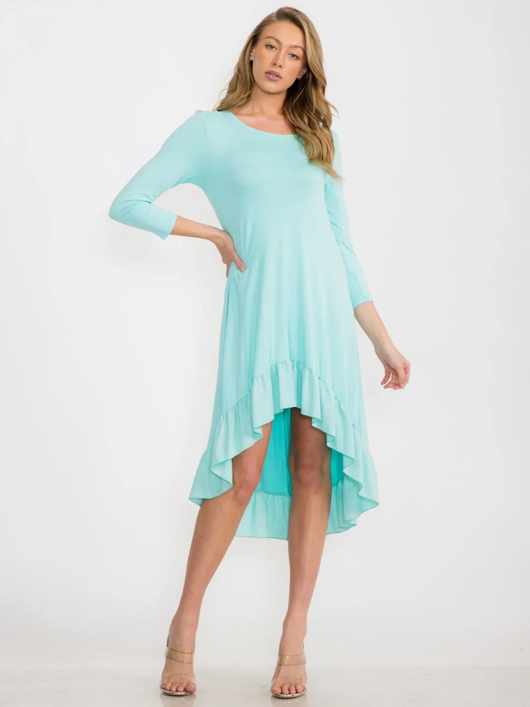 WOMEN'S 3/4 SLEEVE TUNIC RUFFLE BOTTOM HEM HIGH LOW MIDI DRESS