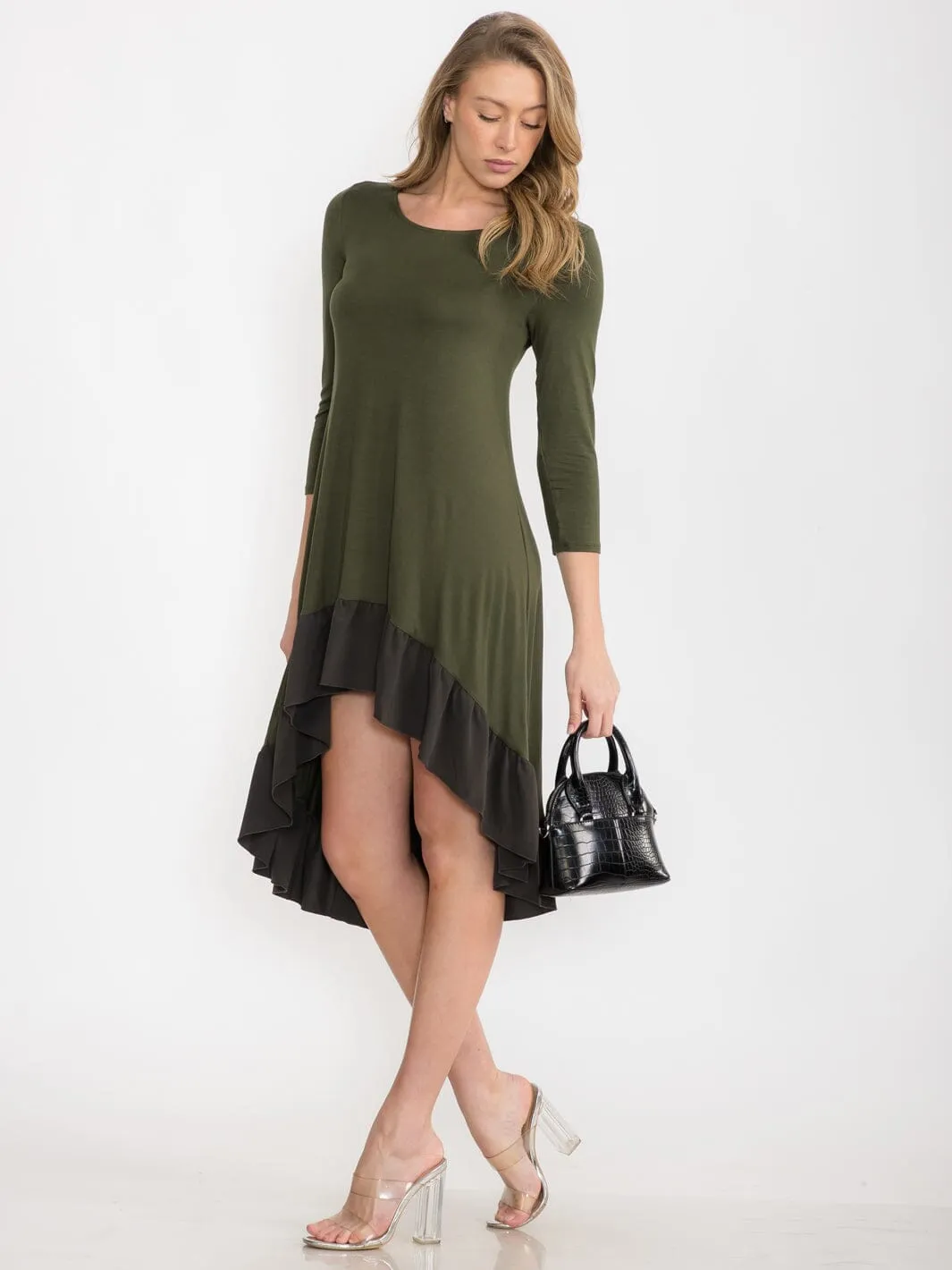 WOMEN'S 3/4 SLEEVE TUNIC RUFFLE BOTTOM HEM HIGH LOW MIDI DRESS