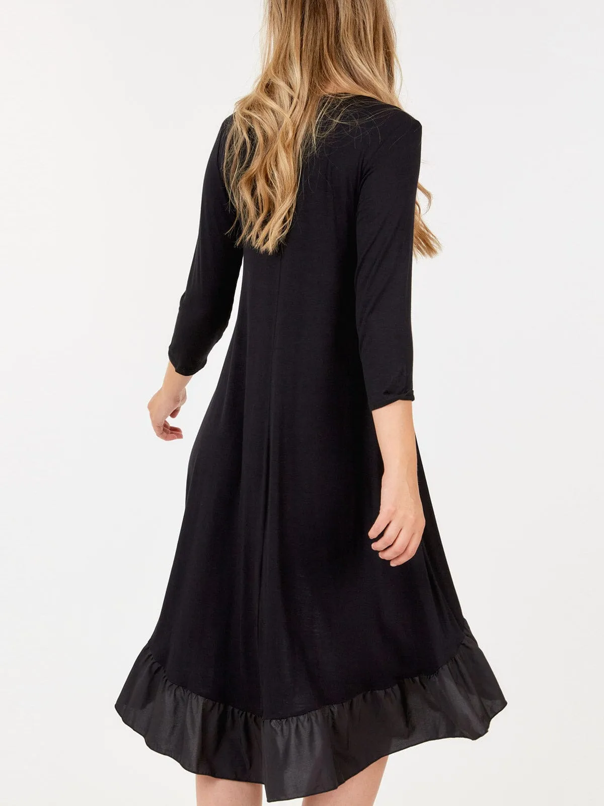 WOMEN'S 3/4 SLEEVE TUNIC RUFFLE BOTTOM HEM HIGH LOW MIDI DRESS