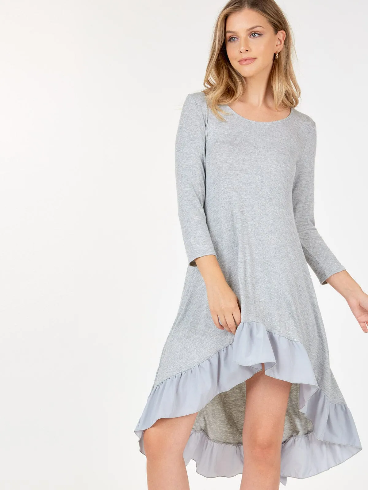 WOMEN'S 3/4 SLEEVE TUNIC RUFFLE BOTTOM HEM HIGH LOW MIDI DRESS