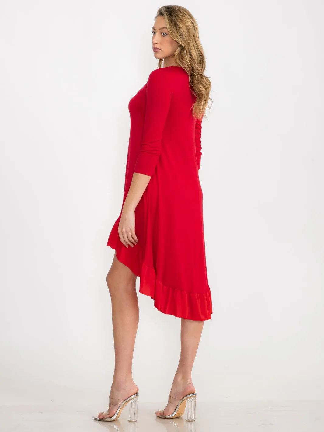 WOMEN'S 3/4 SLEEVE TUNIC RUFFLE BOTTOM HEM HIGH LOW MIDI DRESS