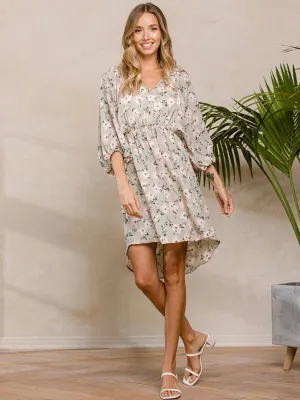 WOMEN'S 3/4 SLEEVE V-NECK ELASTIC WAIST HI-LOW MINI DRESS