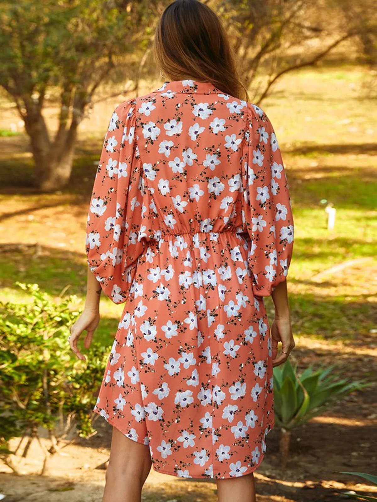 WOMEN'S 3/4 SLEEVE V-NECK ELASTIC WAIST HI-LOW MINI DRESS