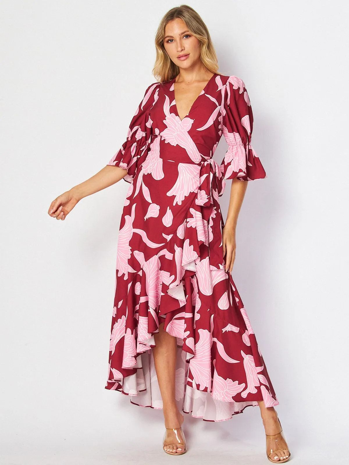 WOMEN'S 3/4 SLEEVES HIGH-LOW WRAP FLORAL MAXI DRESS