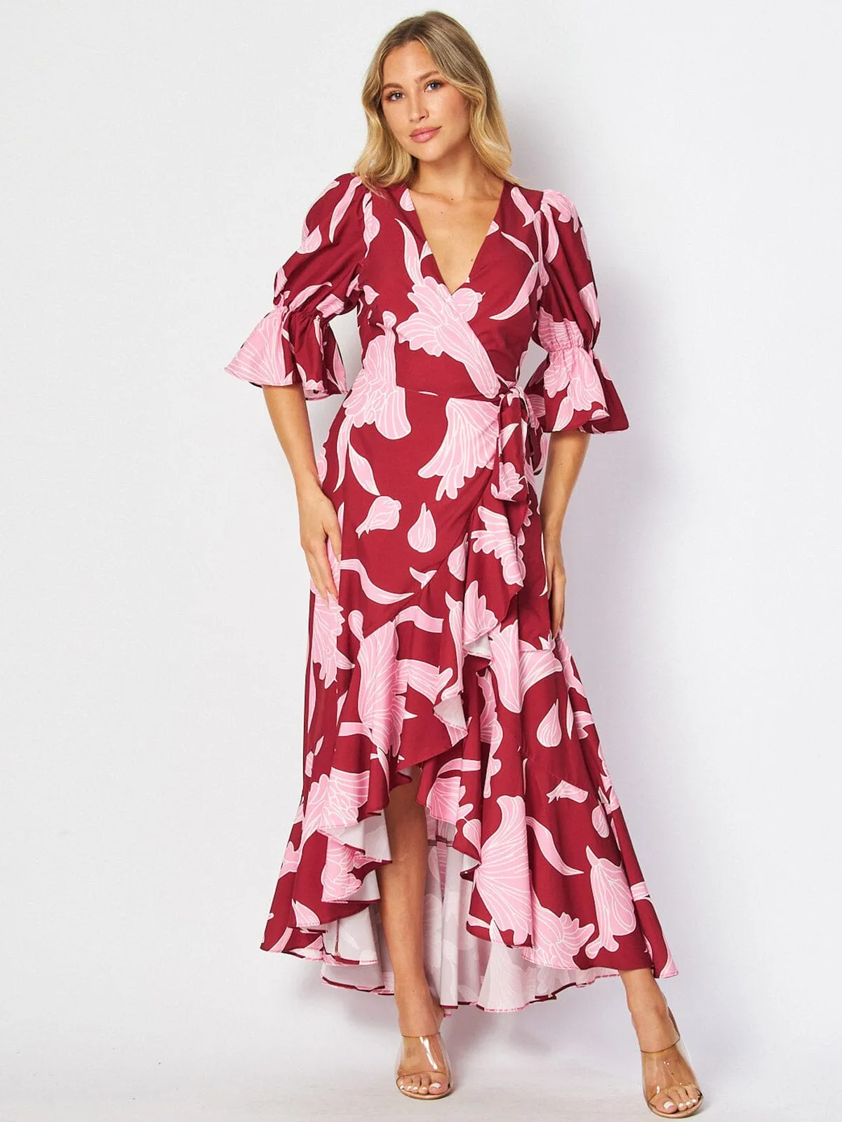 WOMEN'S 3/4 SLEEVES HIGH-LOW WRAP FLORAL MAXI DRESS