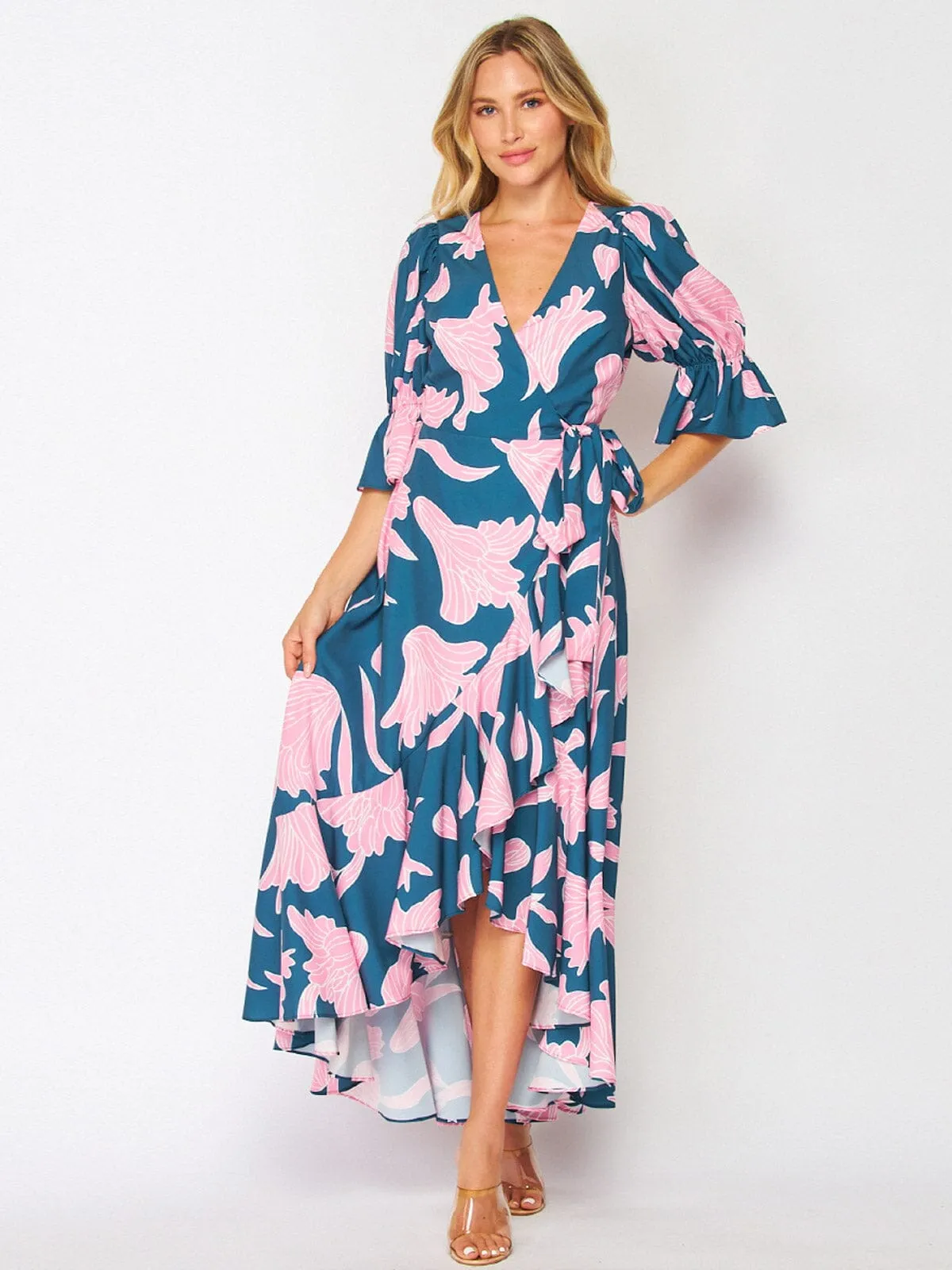 WOMEN'S 3/4 SLEEVES HIGH-LOW WRAP FLORAL MAXI DRESS