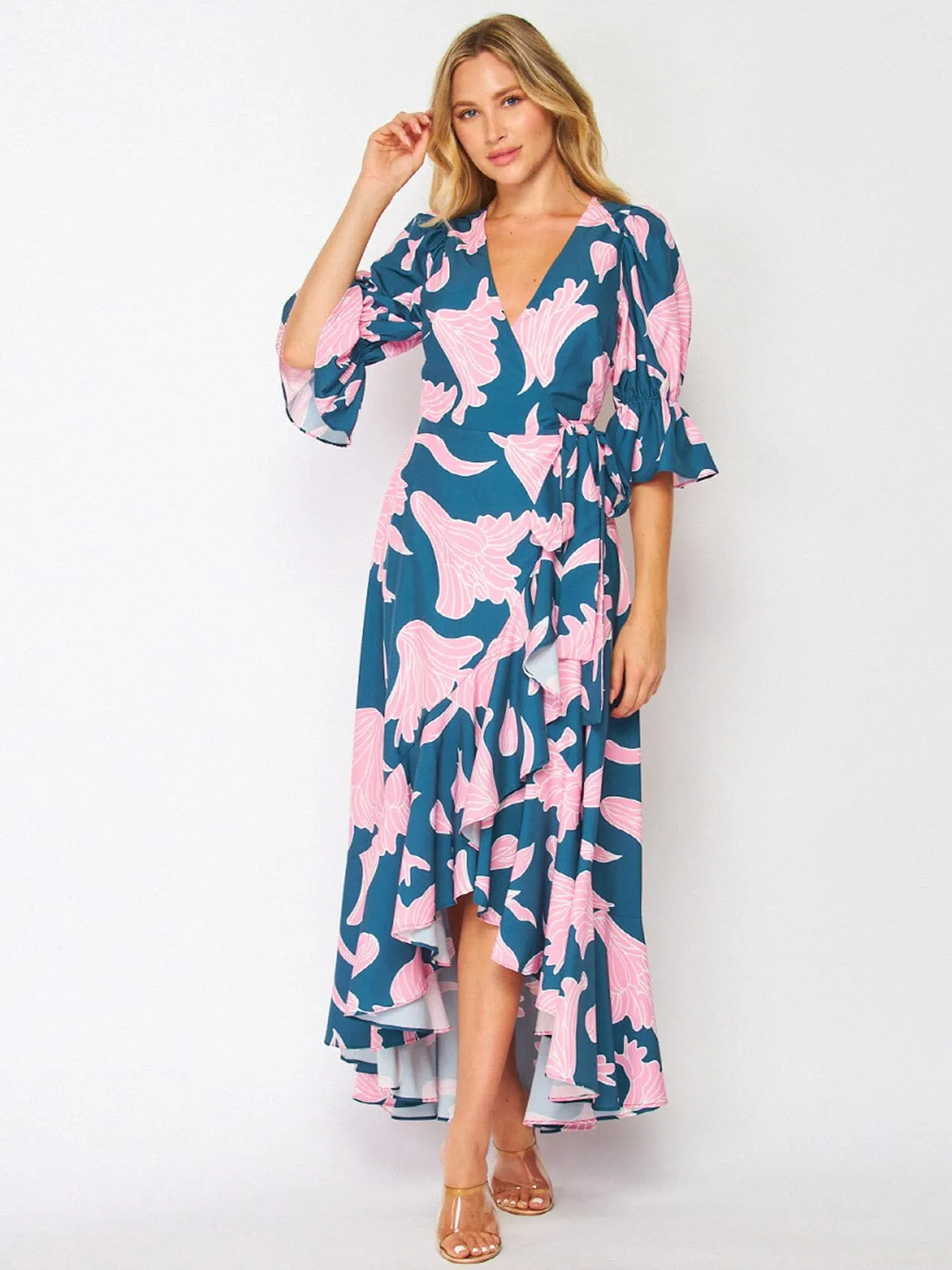 WOMEN'S 3/4 SLEEVES HIGH-LOW WRAP FLORAL MAXI DRESS