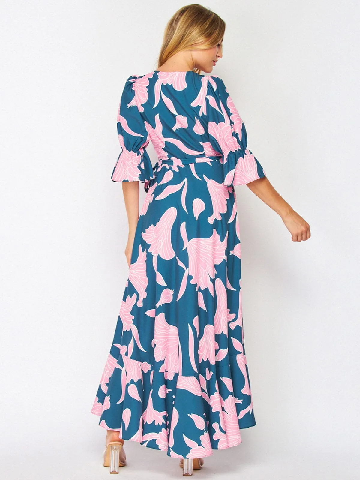 WOMEN'S 3/4 SLEEVES HIGH-LOW WRAP FLORAL MAXI DRESS