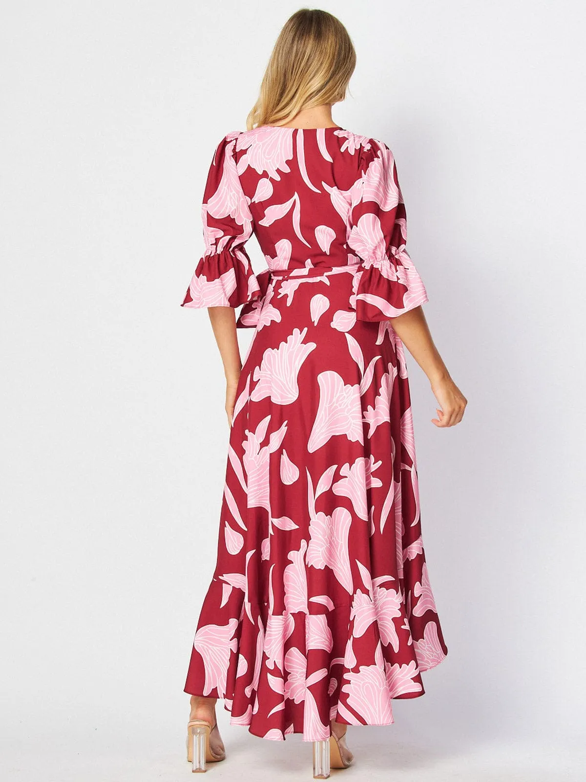 WOMEN'S 3/4 SLEEVES HIGH-LOW WRAP FLORAL MAXI DRESS