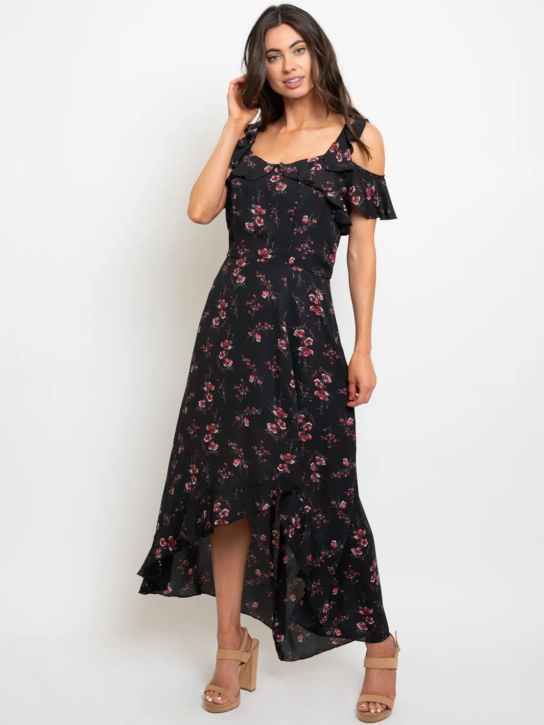 WOMEN'S COLD SHOULDER FLORAL MAXI DRESS