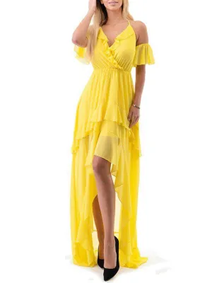WOMEN'S COLD SHOULDER SURPLICE HI-LOW RUFFLE MAXI DRESS