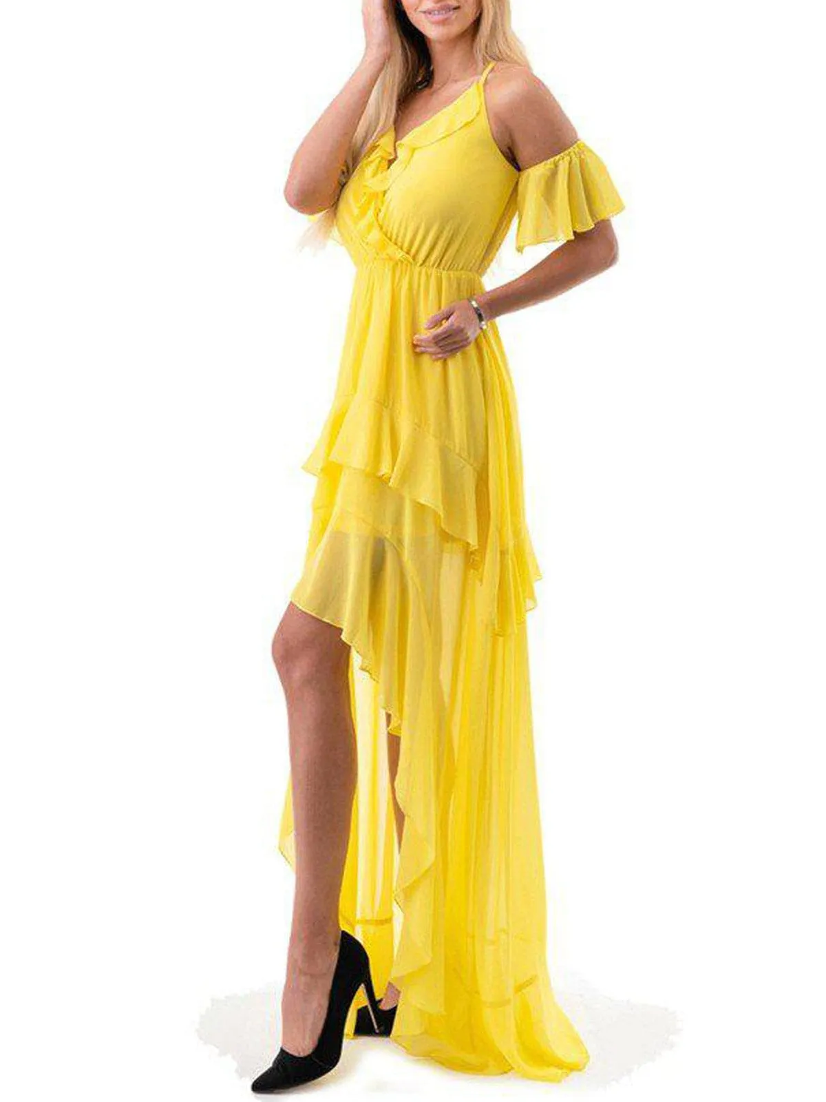 WOMEN'S COLD SHOULDER SURPLICE HI-LOW RUFFLE MAXI DRESS