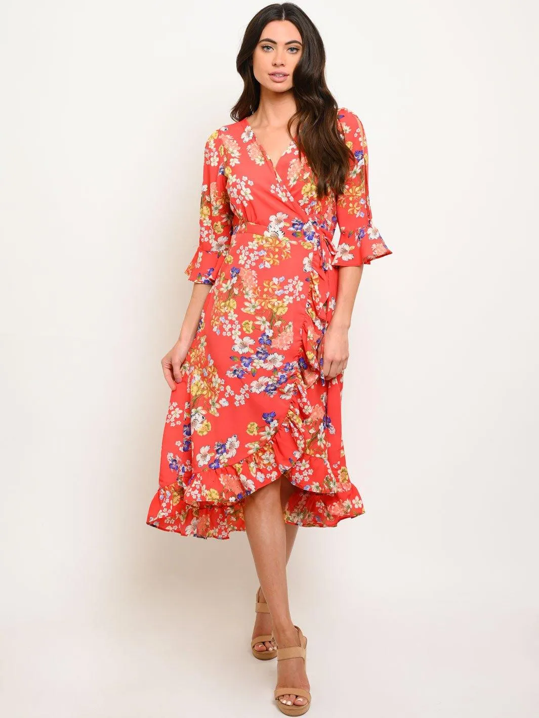 WOMEN'S FLORAL HIGH-LOW WRAP DRESS