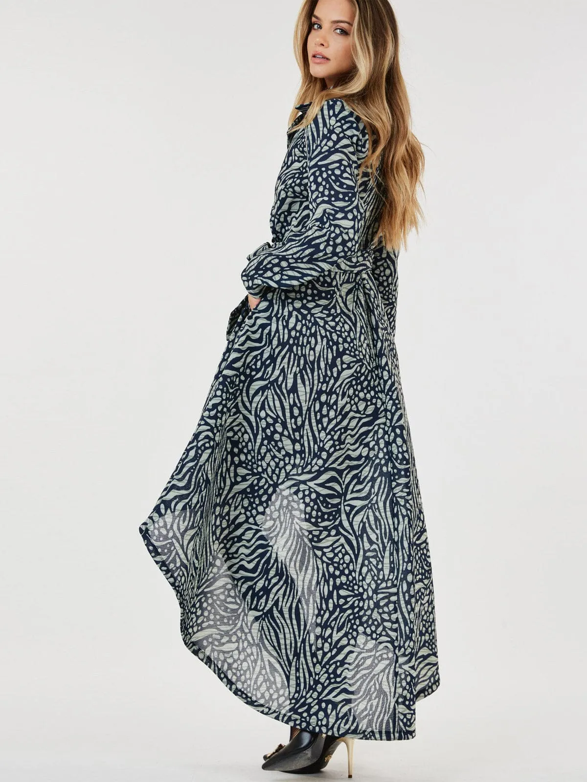 WOMEN'S LONG SLEEVE BUTTON CLOSURE POCKETS PRINTED HIGH-LOW MAXI DRESS