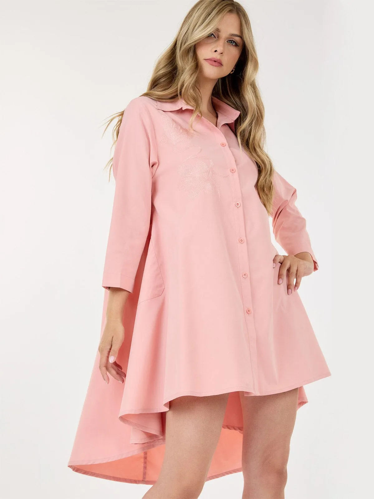 WOMEN'S LONG SLEEVE HIGH-LOW POCKETS EMBROIDERY DETAILED MINI DRESS