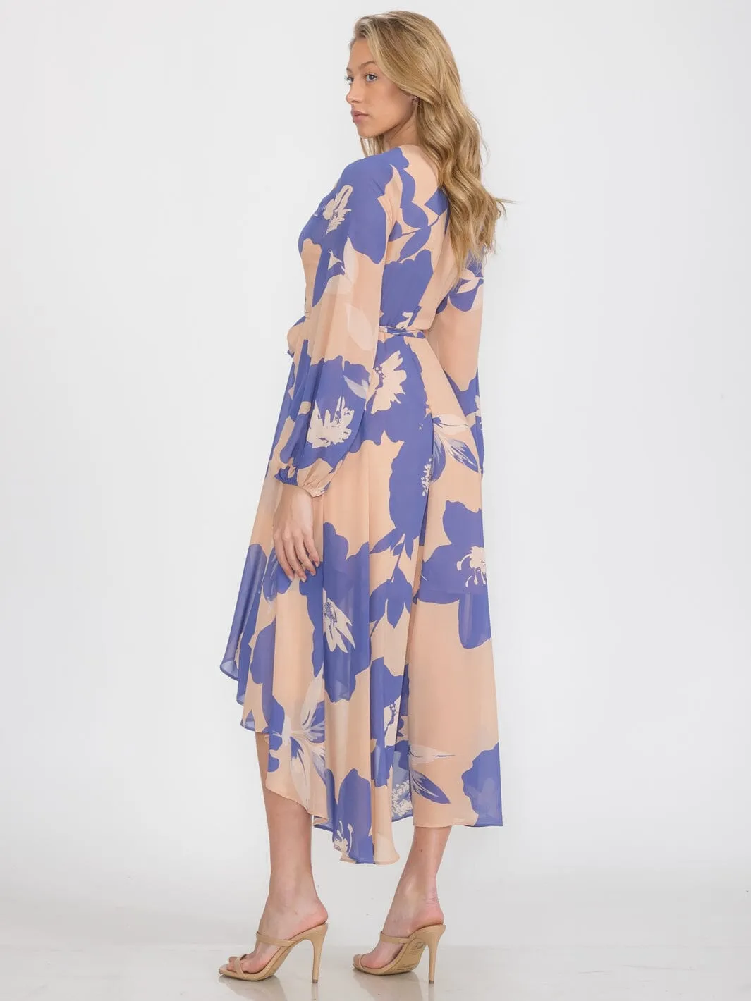 WOMEN'S LONG SLEEVE SELF TIE HIGH-LOW FLORAL PRINT SURPLICE MIDI DRESS