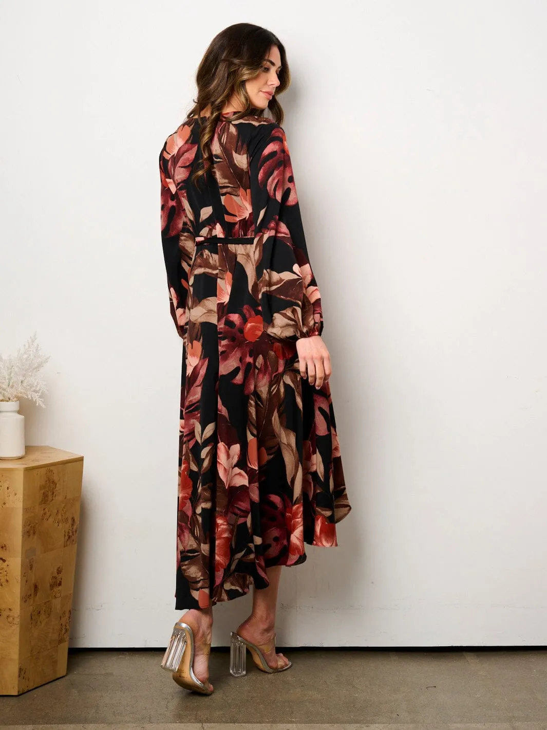 WOMEN'S LONG SLEEVE SELF TIE HIGH-LOW FLORAL PRINT SURPLICE MIDI DRESS