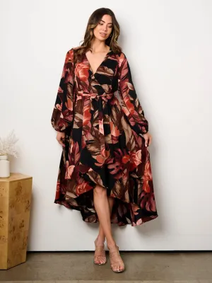 WOMEN'S LONG SLEEVE SELF TIE HIGH-LOW FLORAL PRINT SURPLICE MIDI DRESS