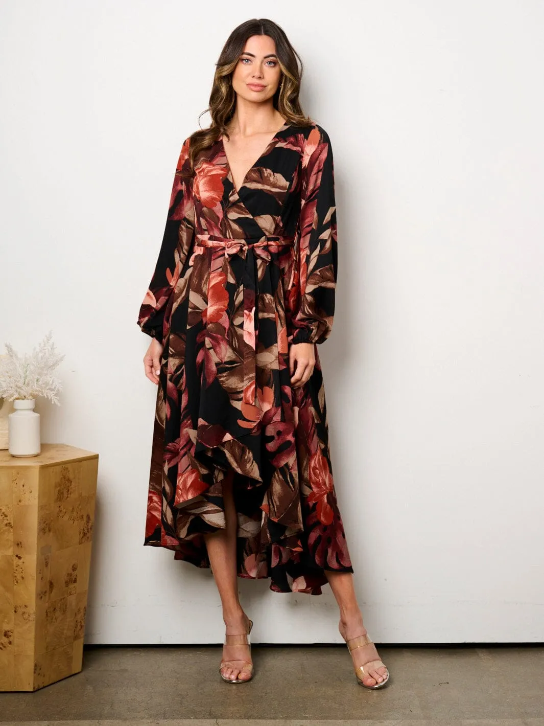 WOMEN'S LONG SLEEVE SELF TIE HIGH-LOW FLORAL PRINT SURPLICE MIDI DRESS