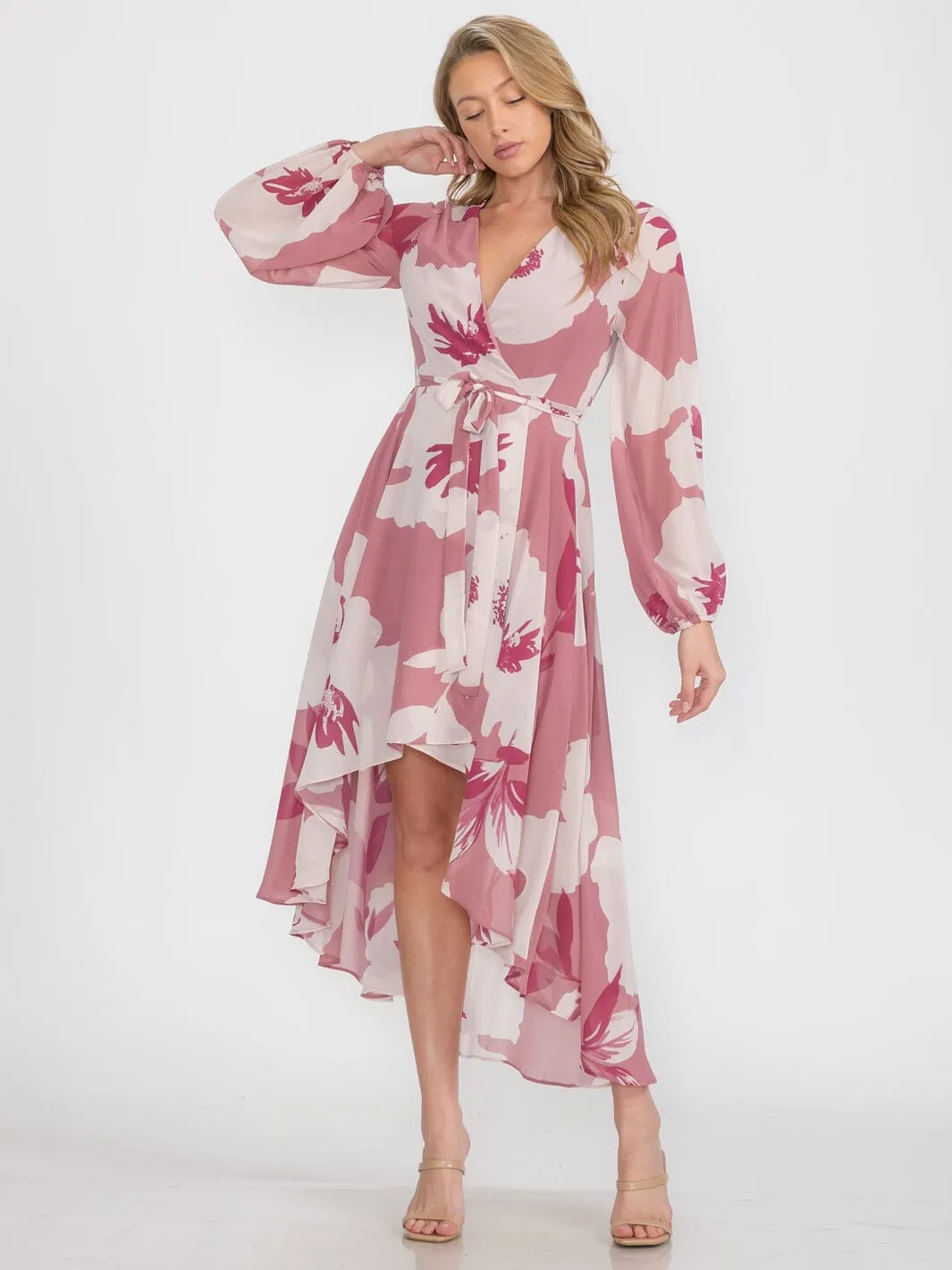 WOMEN'S LONG SLEEVE SELF TIE HIGH-LOW FLORAL PRINT SURPLICE MIDI DRESS