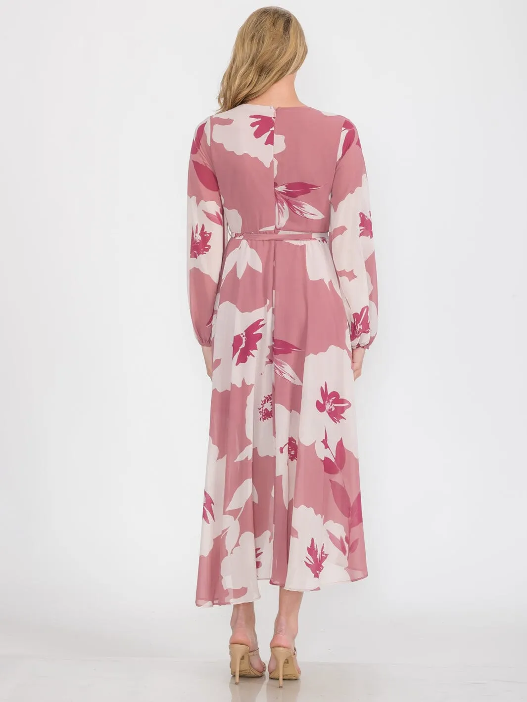WOMEN'S LONG SLEEVE SELF TIE HIGH-LOW FLORAL PRINT SURPLICE MIDI DRESS