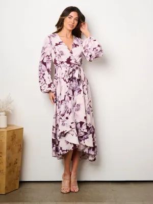 WOMEN'S LONG SLEEVE SELF TIE HIGH-LOW FLORAL PRINT SURPLICE MIDI DRESS