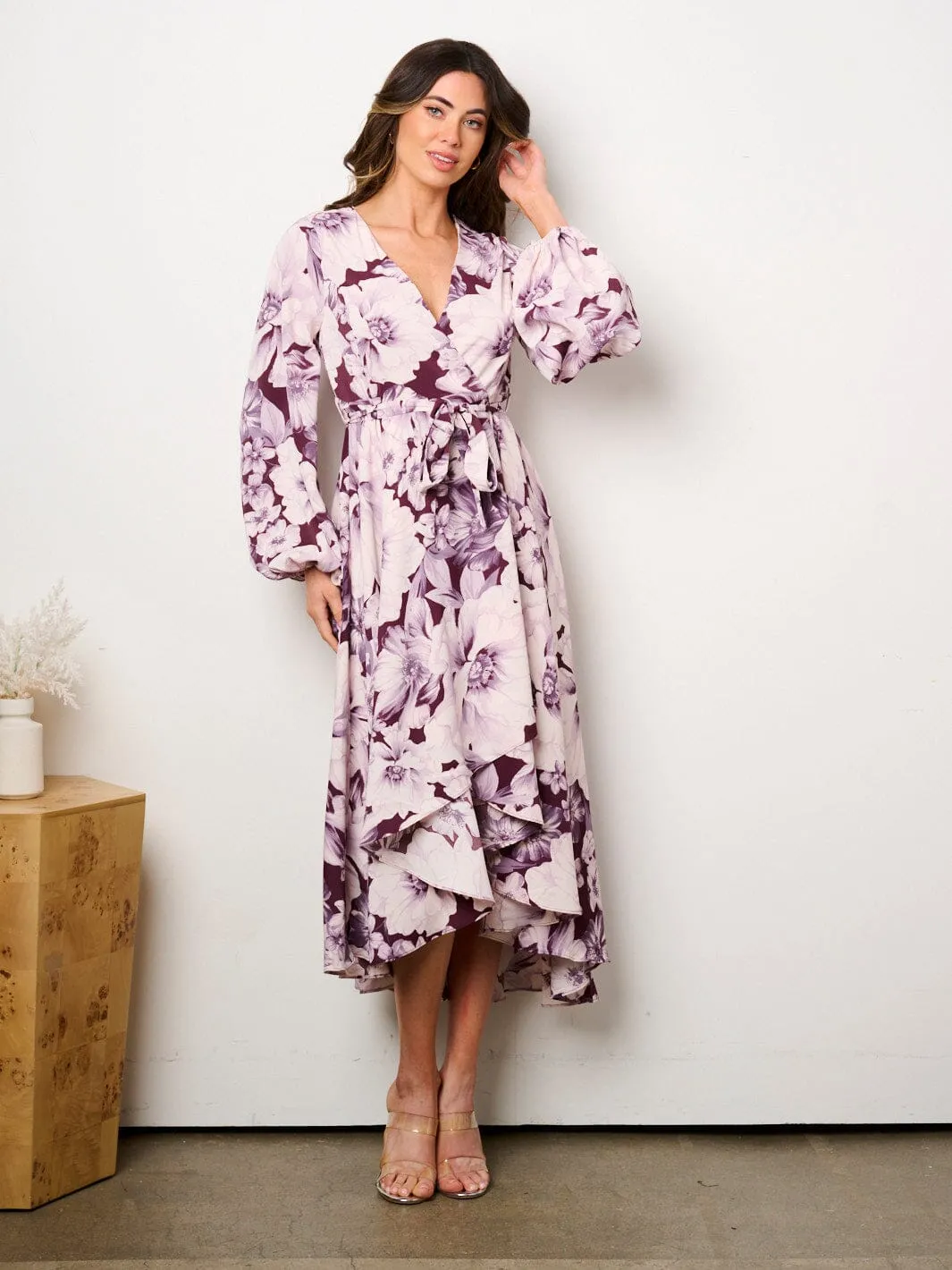 WOMEN'S LONG SLEEVE SELF TIE HIGH-LOW FLORAL PRINT SURPLICE MIDI DRESS