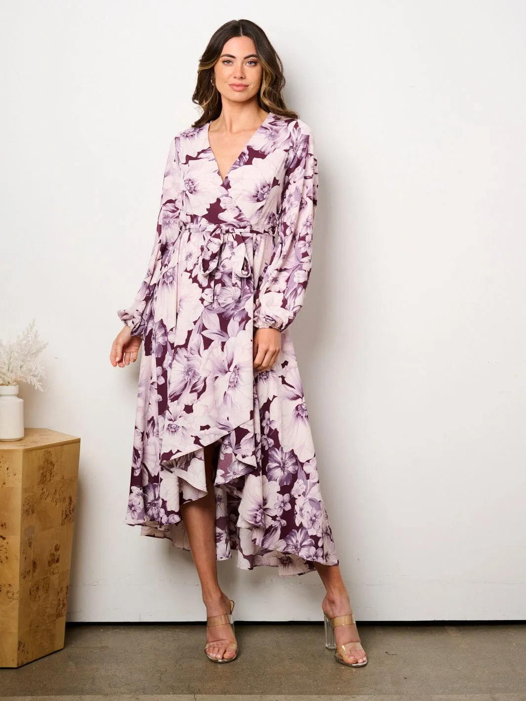 WOMEN'S LONG SLEEVE SELF TIE HIGH-LOW FLORAL PRINT SURPLICE MIDI DRESS