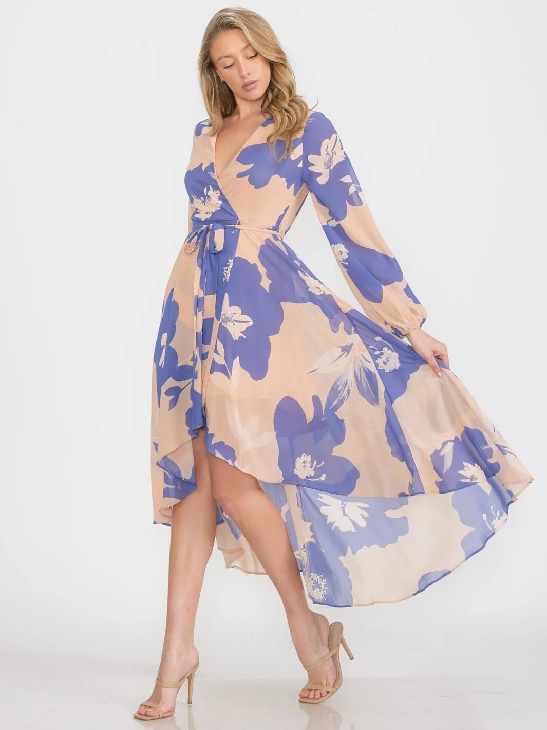 WOMEN'S LONG SLEEVE SELF TIE HIGH-LOW FLORAL PRINT SURPLICE MIDI DRESS