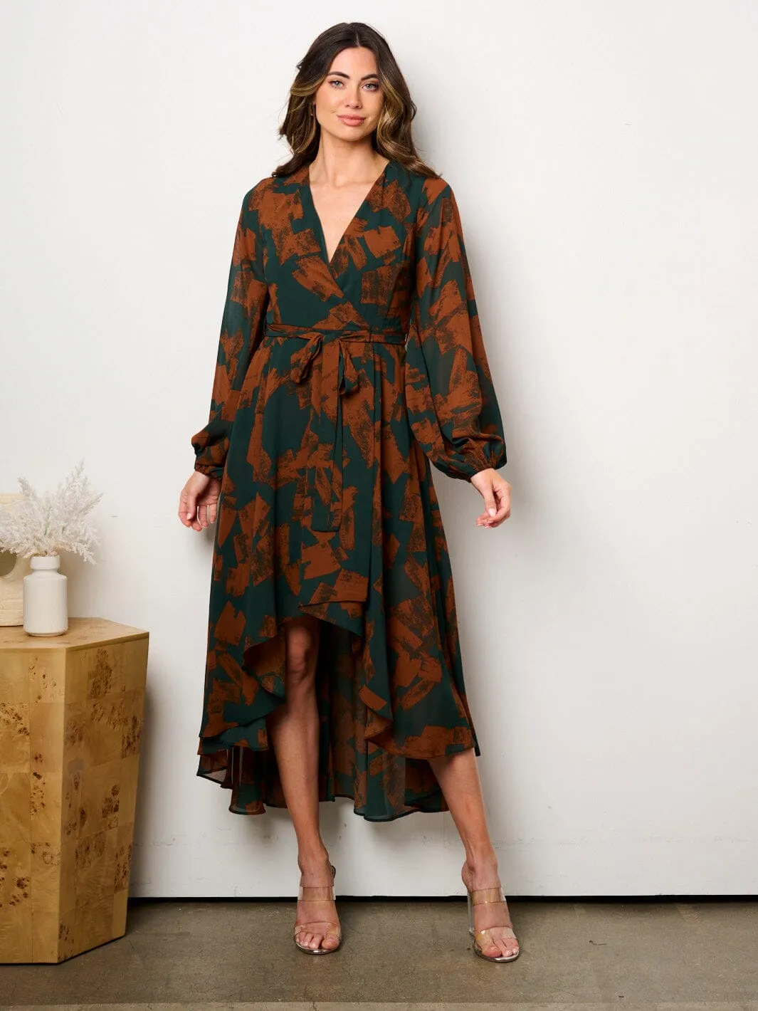 WOMEN'S LONG SLEEVE SELF TIE HIGH-LOW MULTI PRINT SURPLICE MIDI DRESS