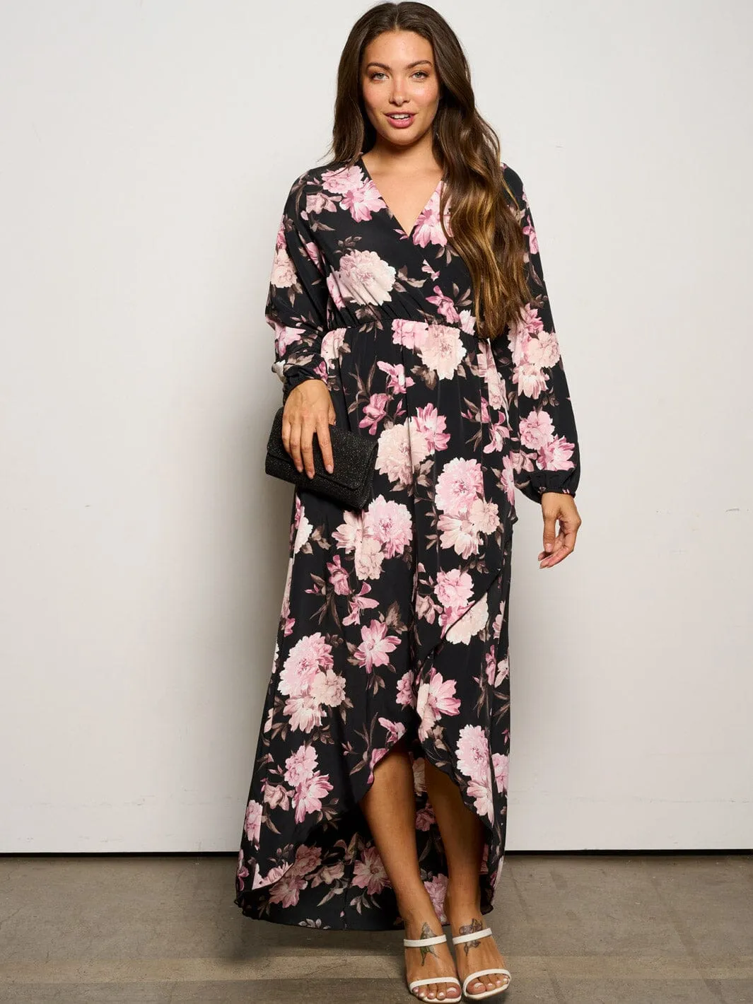 WOMEN'S LONG SLEEVE SURPLICE HIGH-LOW FLORAL MAXI DRESS