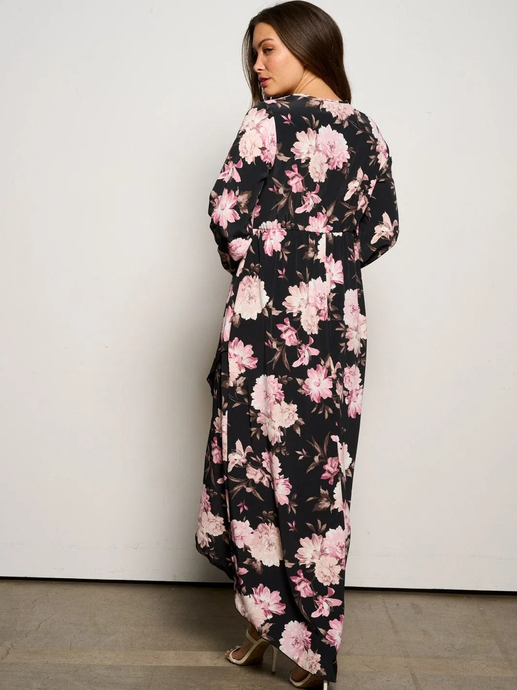 WOMEN'S LONG SLEEVE SURPLICE HIGH-LOW FLORAL MAXI DRESS