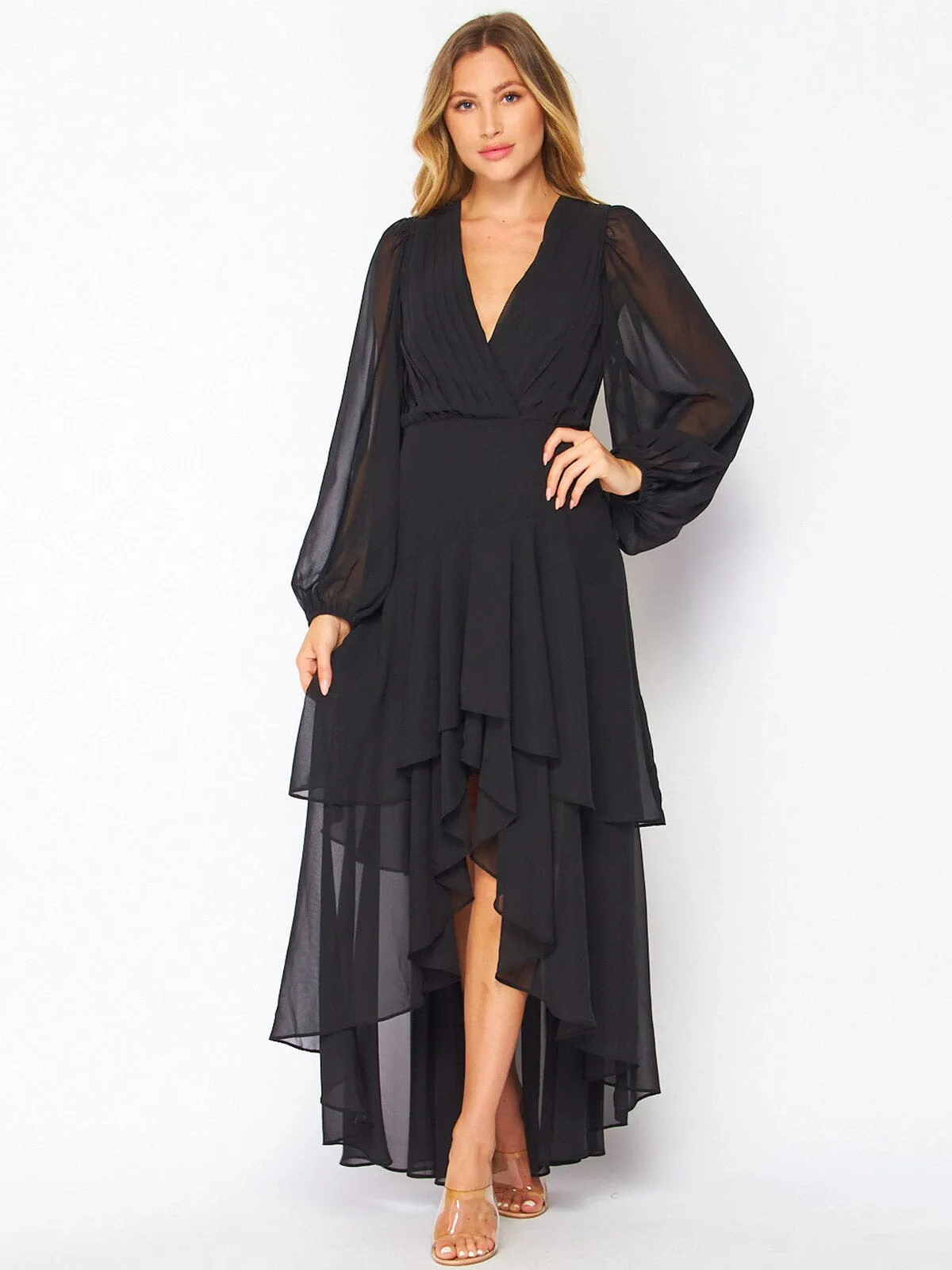WOMEN'S LONG SLEEVE SURPLICE HIGH LOW RUFFLE MAXI DRESS