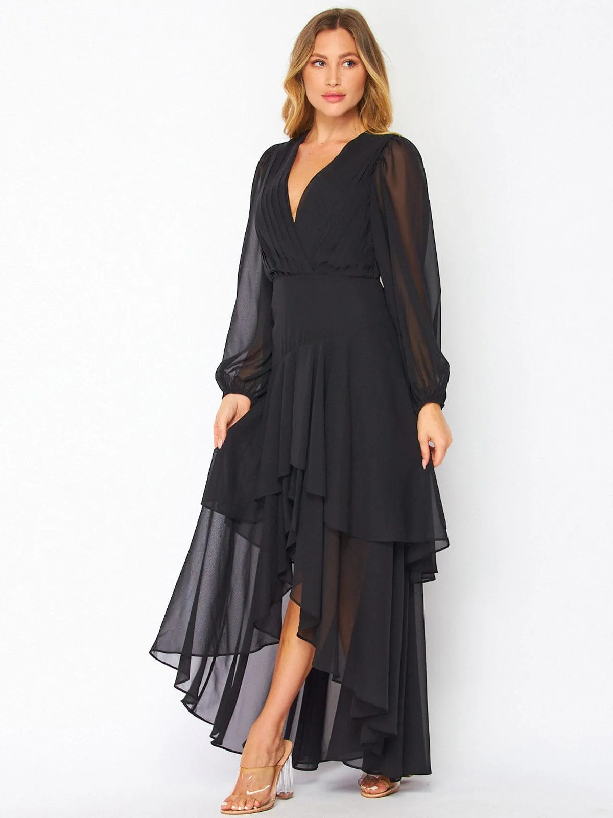 WOMEN'S LONG SLEEVE SURPLICE HIGH LOW RUFFLE MAXI DRESS