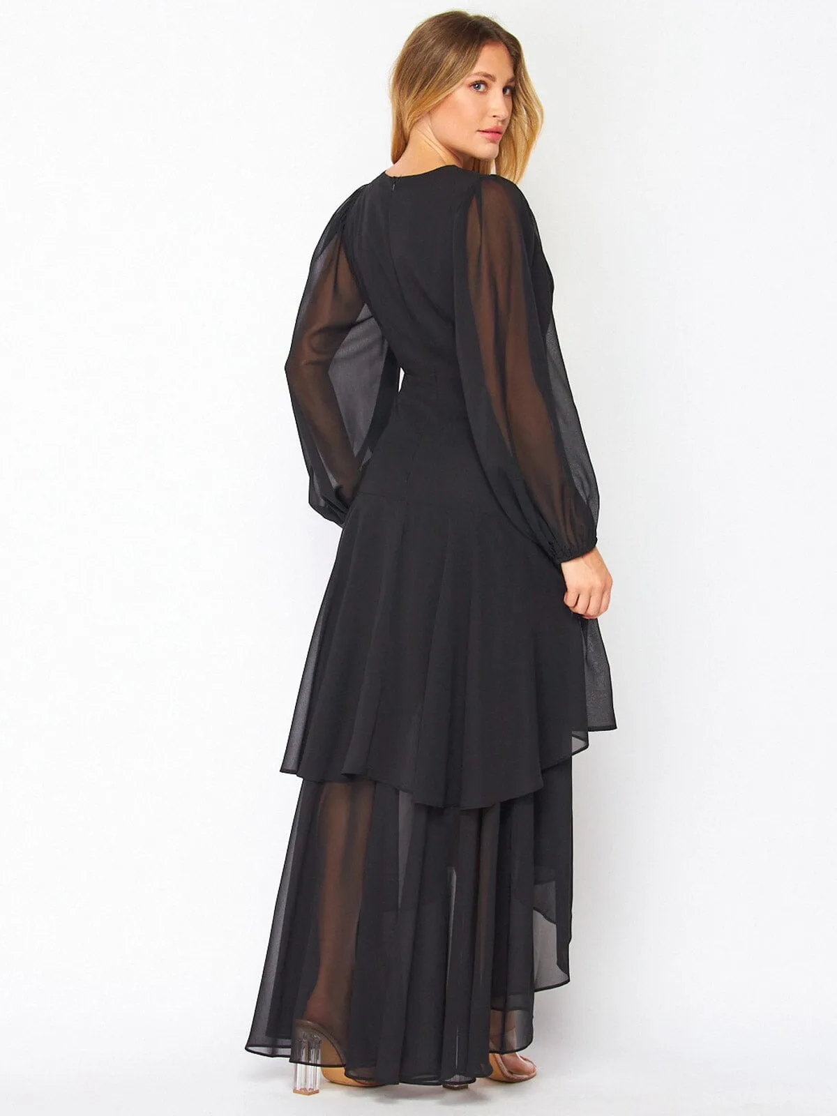 WOMEN'S LONG SLEEVE SURPLICE HIGH LOW RUFFLE MAXI DRESS