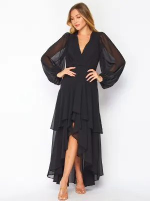 WOMEN'S LONG SLEEVE SURPLICE HIGH LOW RUFFLE MAXI DRESS