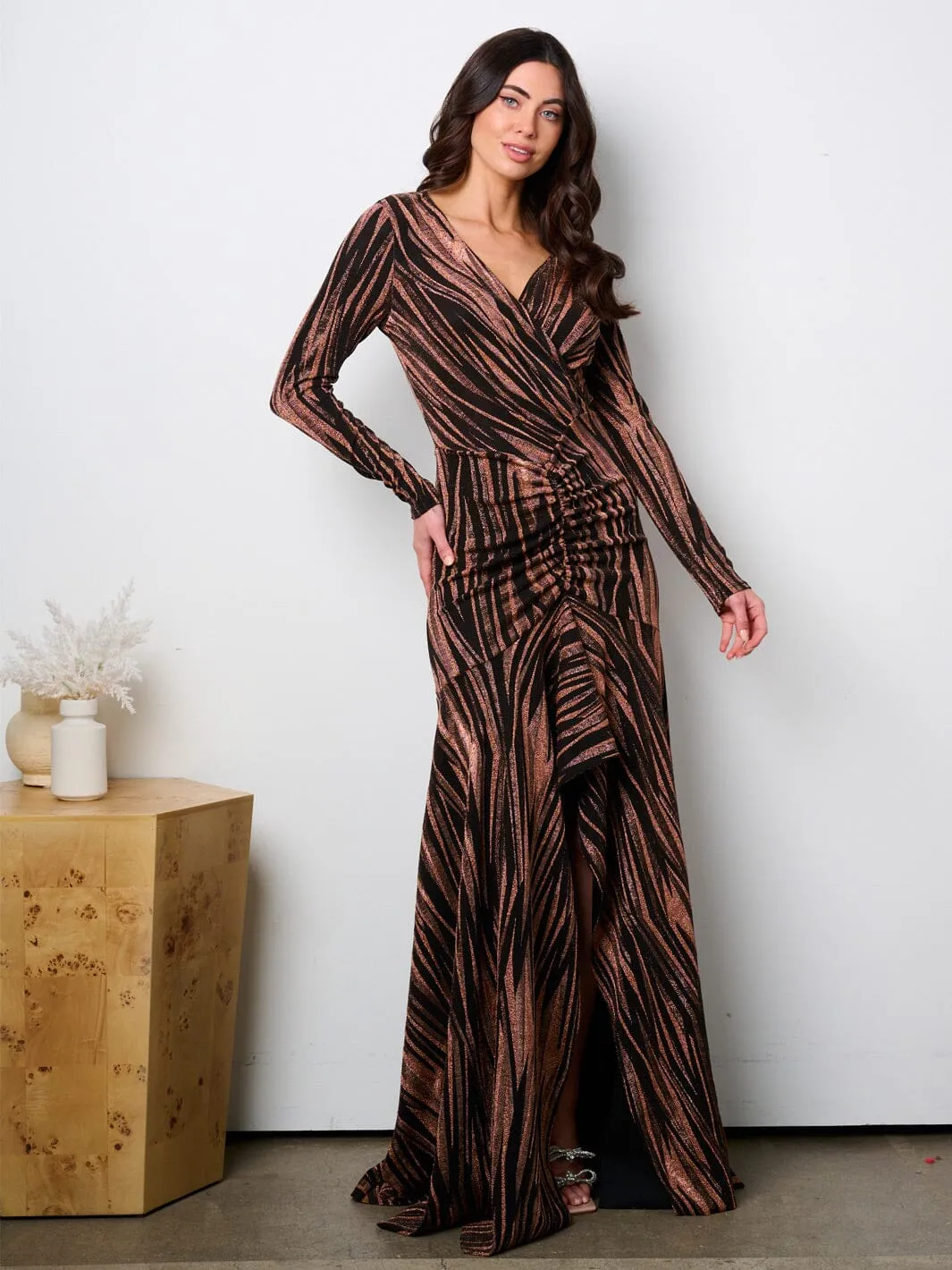 WOMEN'S LONG SLEEVE SURPLICE HIGH-LOW SHIMMER MAXI GOWN DRESS
