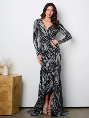 WOMEN'S LONG SLEEVE SURPLICE HIGH-LOW SHIMMER MAXI GOWN DRESS