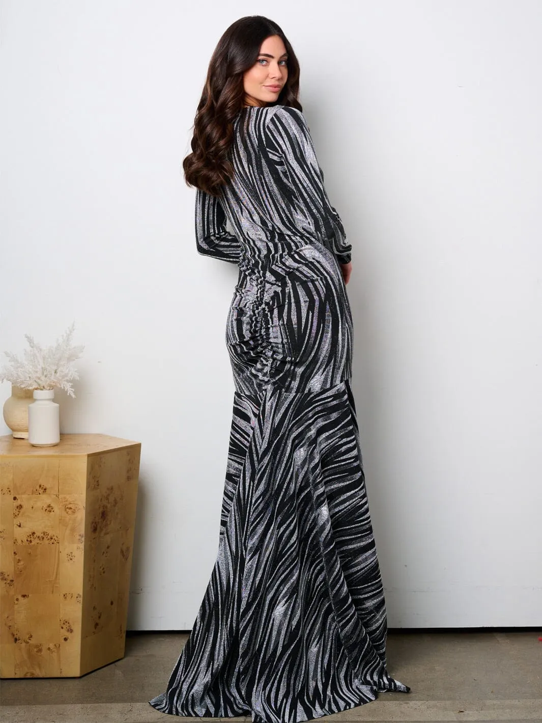 WOMEN'S LONG SLEEVE SURPLICE HIGH-LOW SHIMMER MAXI GOWN DRESS