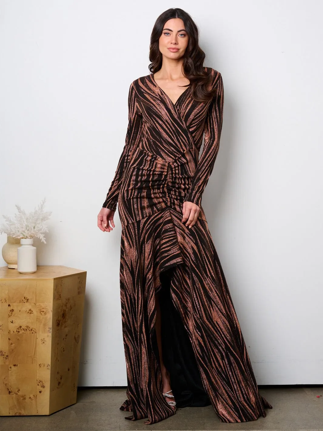 WOMEN'S LONG SLEEVE SURPLICE HIGH-LOW SHIMMER MAXI GOWN DRESS