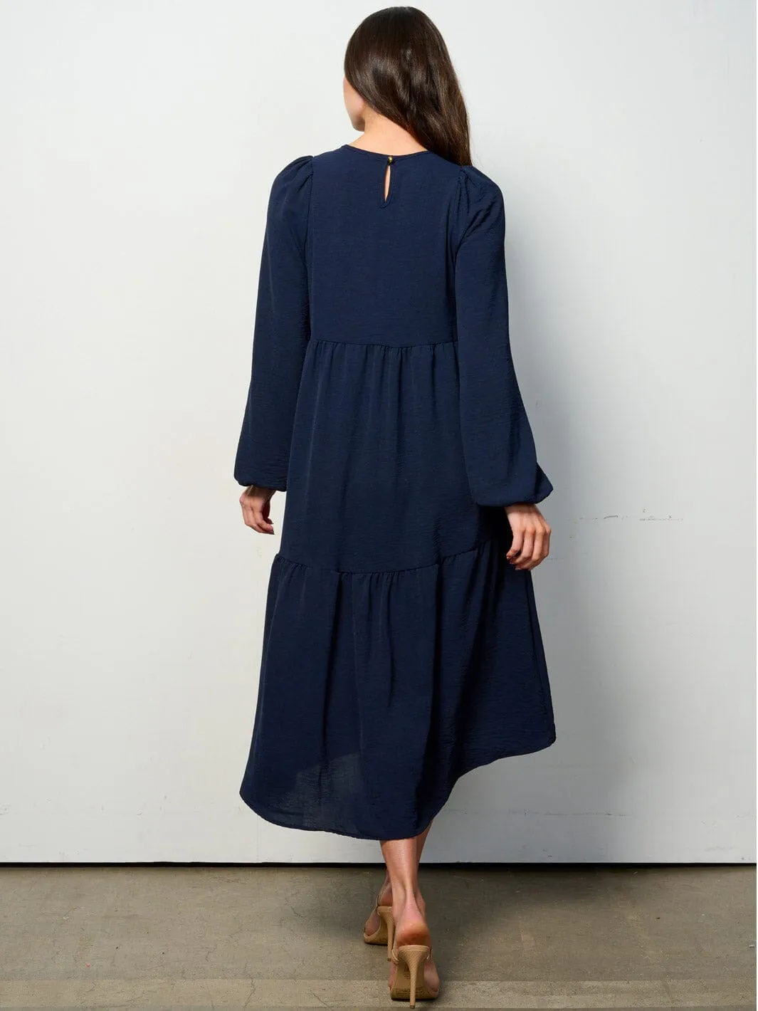 WOMEN'S LONG SLEEVE TIERED HIGH-LOW MIDI DRESS