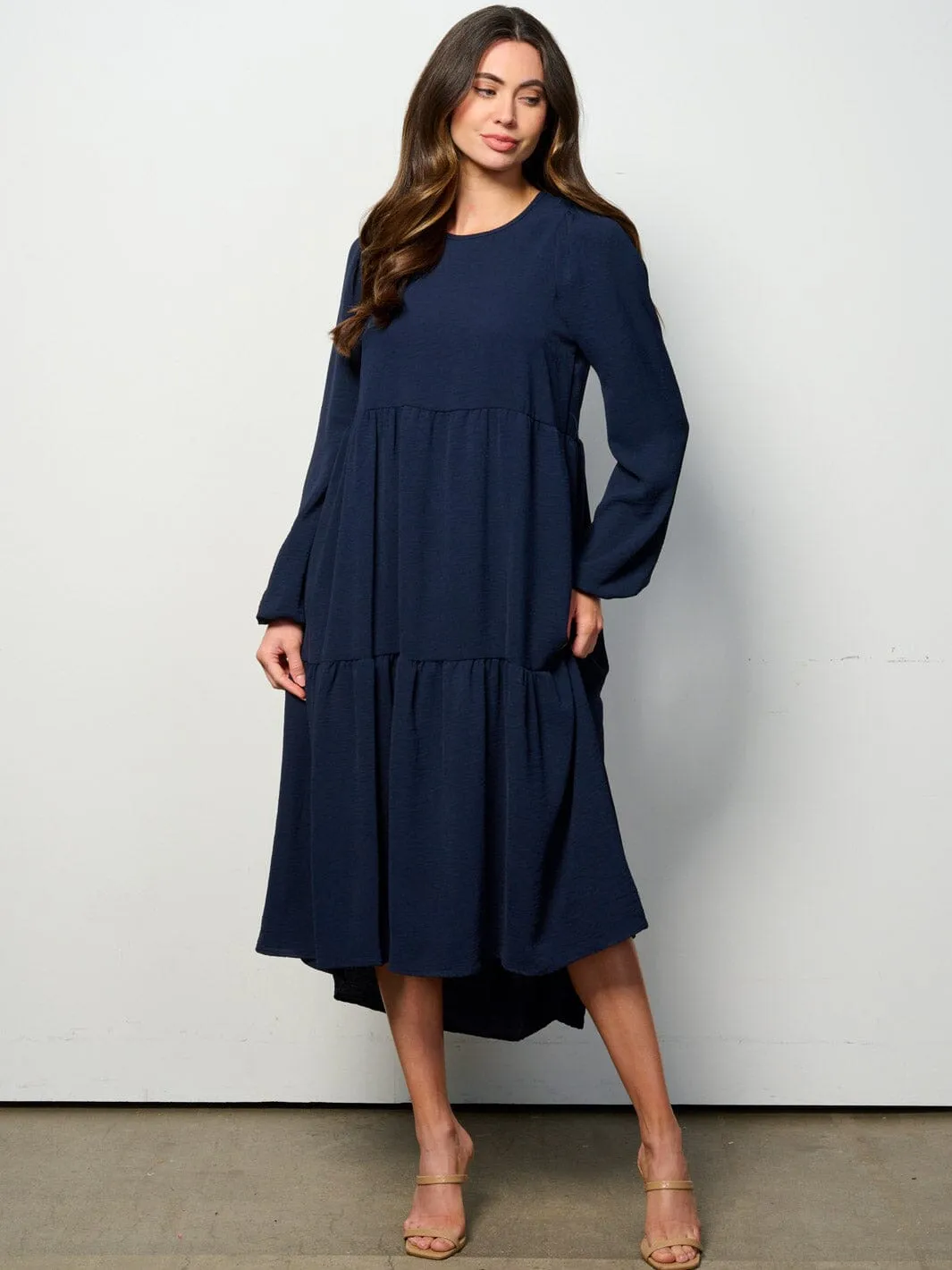 WOMEN'S LONG SLEEVE TIERED HIGH-LOW MIDI DRESS