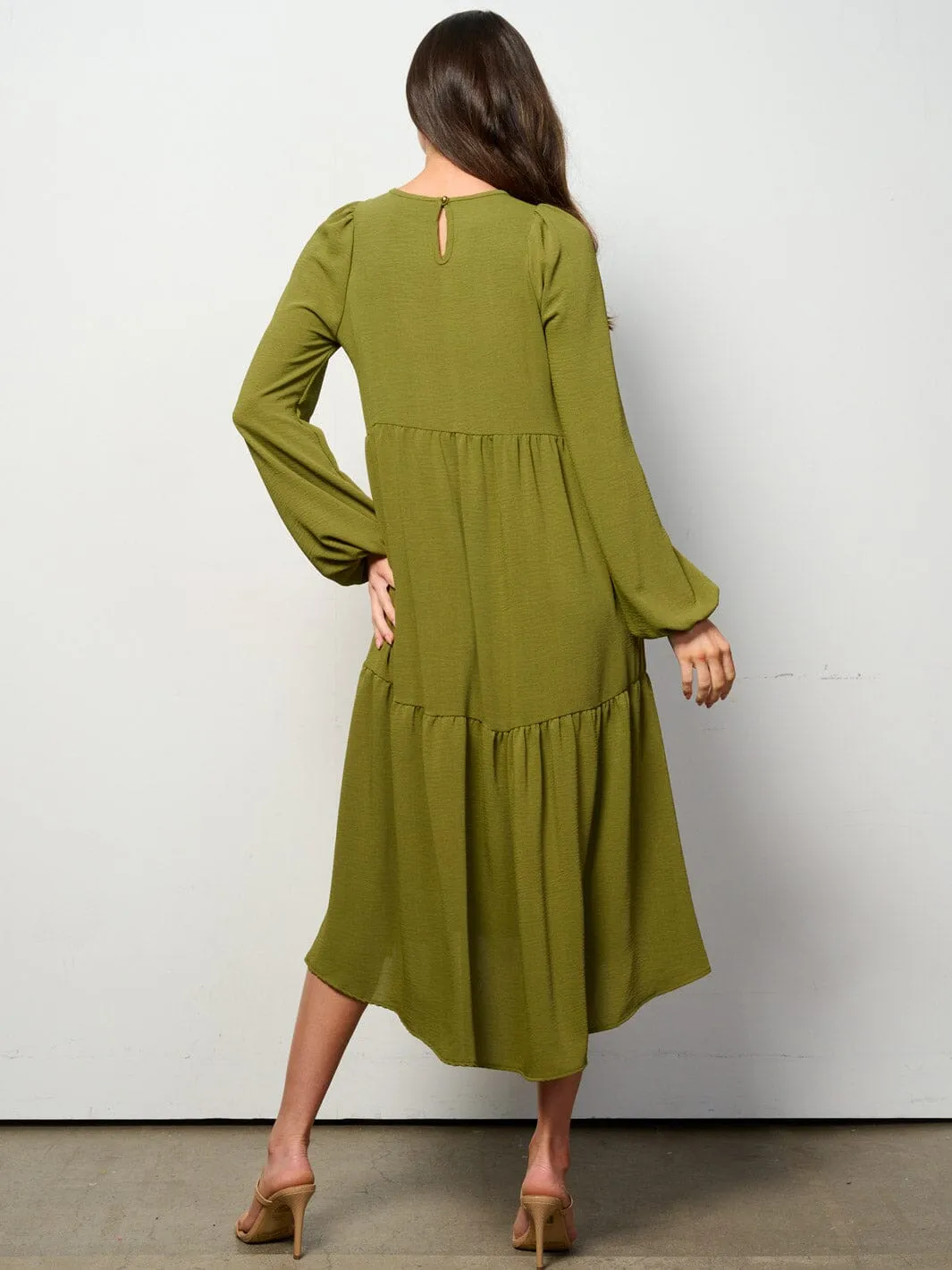 WOMEN'S LONG SLEEVE TIERED HIGH-LOW MIDI DRESS