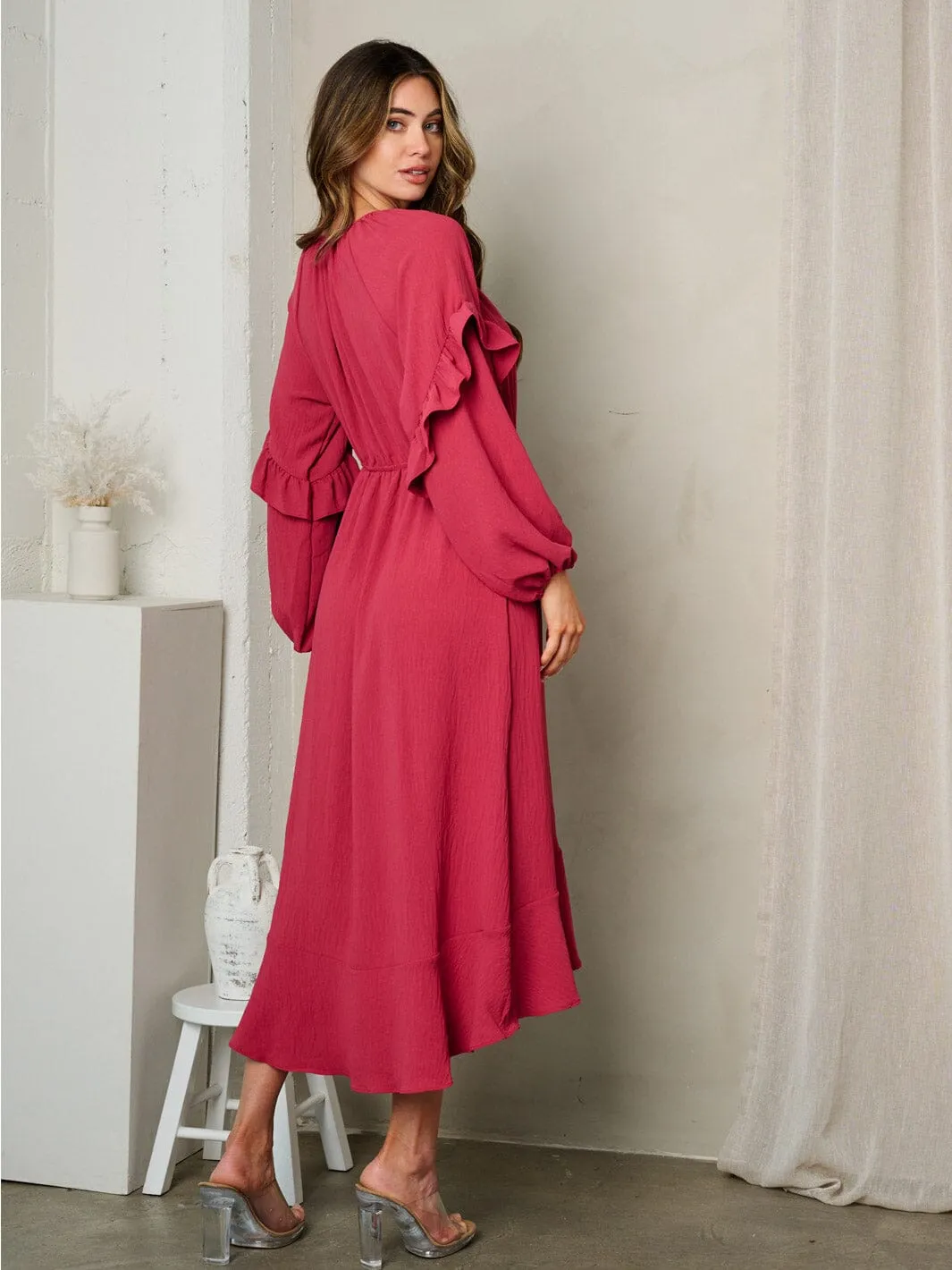WOMEN'S LONG SLEEVE V-NECK RUFFLE MIDI DRESS